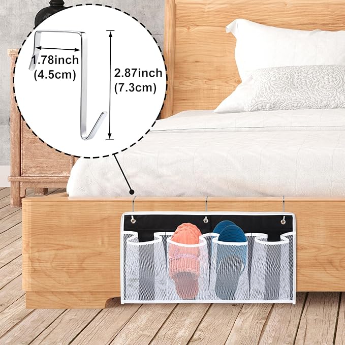Pndeyo Bed Hanging Shoe Organizers with 3pcs Hooks, 4 Mesh Pocket Bedside Hanging Shoes Holder, Behind Door Storage Pockets for RV Dorm Entryway Bedroom Closet