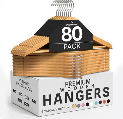 Utopia Home Premium Wooden Hangers 80 Pack - Durable & Slim Coat Hanger - Suit Hanger with 360-Degree Rotatable Hook - Wood Hangers with Shoulder Grooves (Natural)