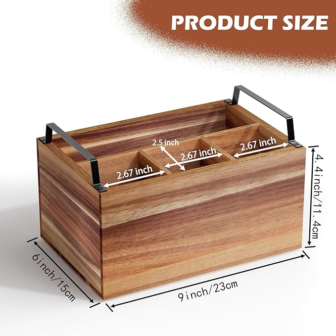 Wooden Silverware Caddy Organizer, Acacia Wooden Silverware Holder, Utensil Holder for Party, Utensil Organizer for Countertop, Wood Color