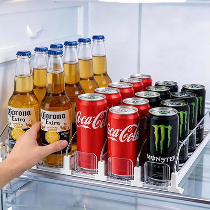 Self-Pushing Beverage Organizer for Fridge – Adjustable Spring Loaded Drink Dispenser & Soda Can Organizer – Clear Glide Rack Fits Cans, Bottles, Slim & Standard Sizes for Kitchen Pantry (5 Rows)