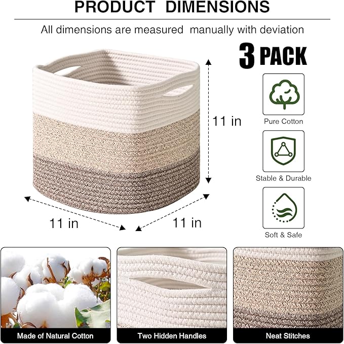 11 Inch Cube Storage Bins, Organizing Bins for Cube Organizer, Storage Baskets for Organizing, Woven Storage Basket for Shelves, Cotton Rope Baskets for Storage, Gradient Brown (Pack of 3)