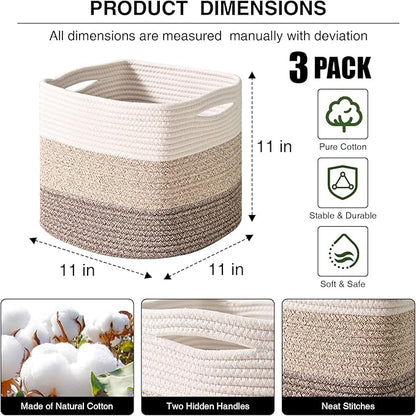 11 Inch Cube Storage Bins, Organizing Bins for Cube Organizer, Storage Baskets for Organizing, Woven Storage Basket for Shelves, Cotton Rope Baskets for Storage, Gradient Brown (Pack of 3)