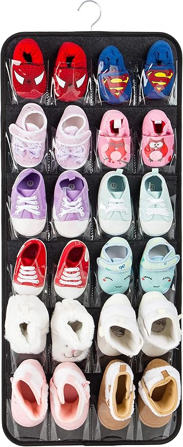 PACMAXI Over The Door Shoes Organizer for 12 Pairs of Baby Shoes Boys Girl, Hanging Baby Sole Shoe Organizer with Hanger(Felt Material-Black)