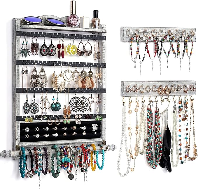 Wall Jewelry Organizer Set of 3 Jewelry Holder Jewelry Organizer Wall Mounted Wood Hanging Jewelry Wall Organizer Rustic Jewelry Hanger for Jewelry Storage Display