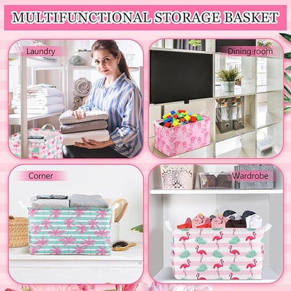 Geelin 3 Pcs Flamingo Baskets Summer Storage Basket for Gifts Collapsible Waterproof Canvas Cute Storage Bin Organizer with Handles for Book Closet Shelf Nursery Decor