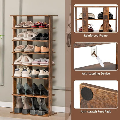 Giantex 8-Tier Wooden Shoe Rack, Patented Double Row Shoe Organizer for 16 Pairs, Customizable Height, Space-Saving Shoe Storage Stand for Entryway, Hallway, Living Room, Bedroom, Brown