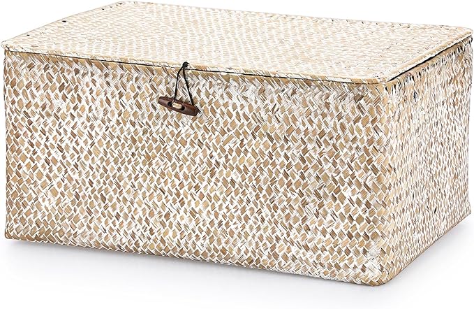 Hipiwe Wicker Woven Baskets Bin with Lid Natural Seagrass Basket Storage Bin Rectangular Household Basket for Shelf Wardrobe Home Decor, Whitewash, X-Large