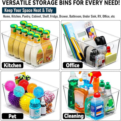 12 PACK LARGE Clear Storage Bins with Handles & Labels, Multiuse Plastic Pantry Organizer Bins for Home Kitchen, Fridge, Freezer, Cabinet, Closet, Bathroom, Shelf, Laundry, RV, Under Sink Organization