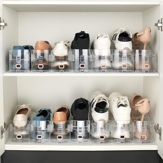 Yes!Fresh Shoe Slots Organizer, Adjustable Shoe Rack Stacker Storage Space Saver, Three Deck Shoe Rack Holder for Closet Organization (Clear, 12 Pack)