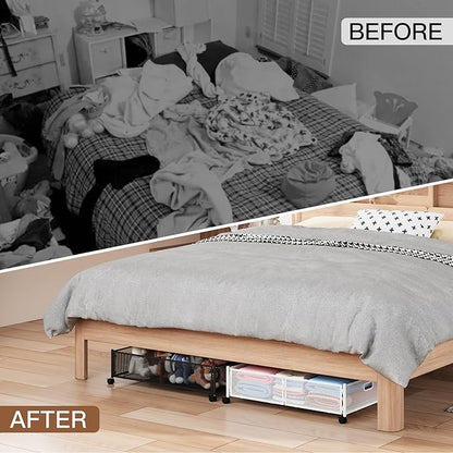 Gawerk Under Bed Storage with Wheels, Foldable Metal Mesh Underbed Storage Container Bins, Tool-free Assembly Clothes Drawer Organizer,2Pack