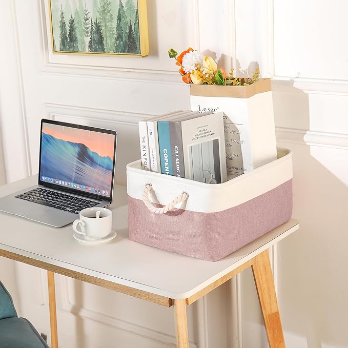 Storage Bins with Sturdy Cotton Handles(3 Pack), Fabric Storage Baskets for Organizing use for Office & Home, Book, Clothes, Toys, Closet Boxes (Large, Pink-White, 15.7x11.8x7.9 inches)