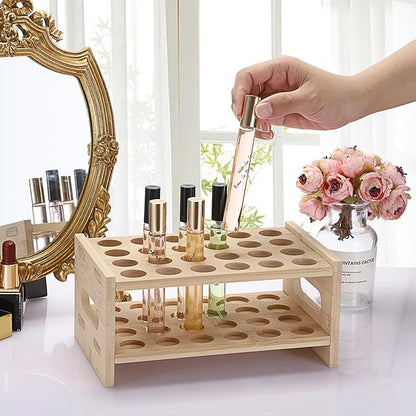 ELLDOO Rollerball Perfume Organizer, 24 Spaces Bamboo Perfume Storage Holder Beauty Scent Holder with Handle, Makeup Lipgloss Lipstick Display Case