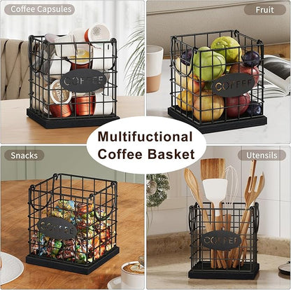YINMIT K Cup Holder Organizer, Sturdy Coffee Pod Holder Organizer, 35 Kcup Large Capacity Storage Basket for Kitchen Counter and Office Desktop (Black-Square with Handle)