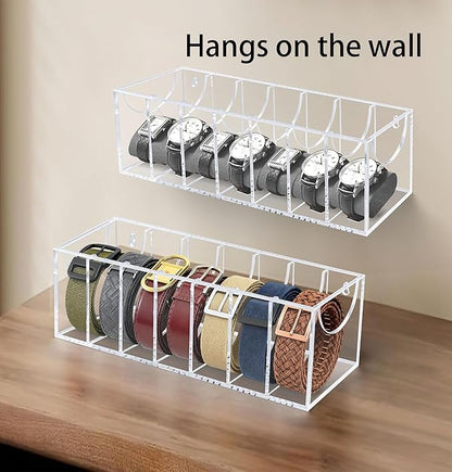 Belt Organizer, Acrylic Belt Storage Organizer for Closet with Dust Cover and Drawer,7 Compartments Transparent Display Case for Belts Best Gift for Men And Husband