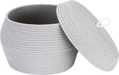 Sea Team Round Cotton Rope Storage Basket with Lid, Decorative Woven Storage Bin, Pot, Caddy, Organizer, Container for Snacks, Towels, Plants, 13 x 9 Inches (Large, Grey)