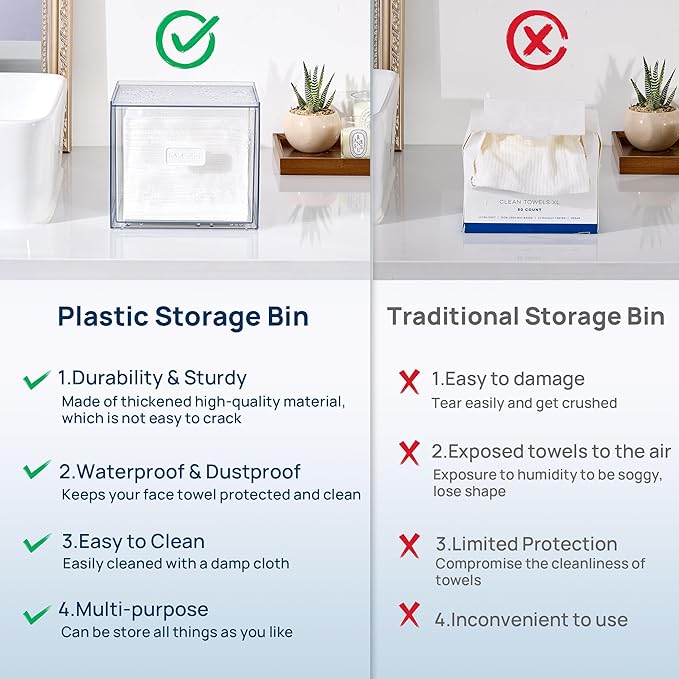 Vtopmart Disposable Facial Towels Holder,Clear Storage Drawer Compatible with Clean Skin Club Towel XL,Acrylic Box Hold 50 Count,Stylish and Functional Bathroom Accessory for Coutertop Organization