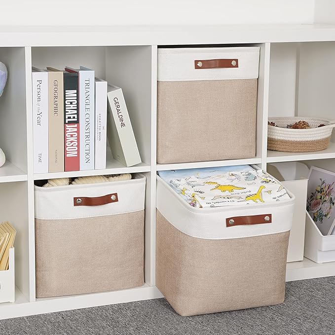 HNZIGE Cube Storage Baskets for Shelves Foldable Storage Baskets(3 Pack) Cube Storage Bin,13 Inch Storage Basket for Organizing with Leather Handles for Toys, Clothes, Kids , Closet (White&Beige)