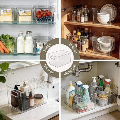 Hudgan Set of 8 Clear Plastic Storage Bins, 8 Large Storage Containers for Pantry Organizers, Home Edit, Kitchen Cabinet, Refrigerator, Under Sink Organization, Bathroom, Office