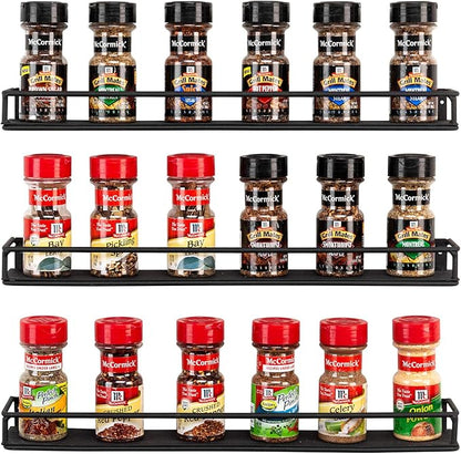 MyGift Set of 3 Wall-Mounted Black Metal Nail Polish and Essential Oils Display Shelves, Kitchen Spice Jars Rack