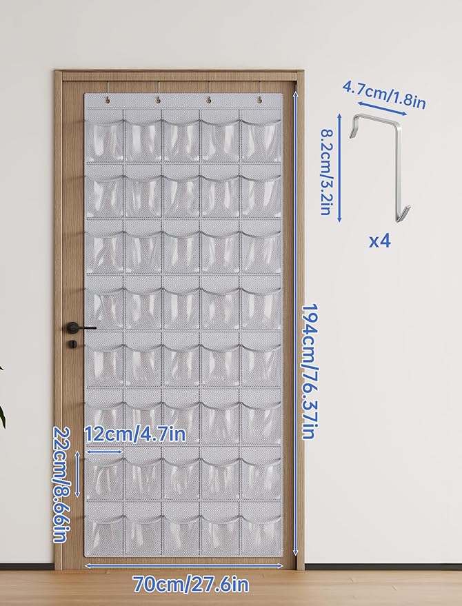 NiHome Over the Door Shoe Organizer with 40 Clear Pockets, Hanging Closet Storage Rack for 20+ Pairs of Shoes, Waterproof PVC Space-Saving Headphone & Cell Phone Holder for Classroom Dorm, Laundry