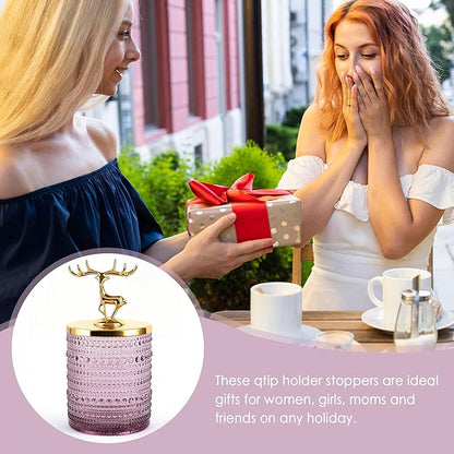 2 Set Purple Glass Cotton Swab Jars with Gold Lids – Vanity Countertop Organizer Containers for Cotton Pads, Floss Picks, Bath Salts