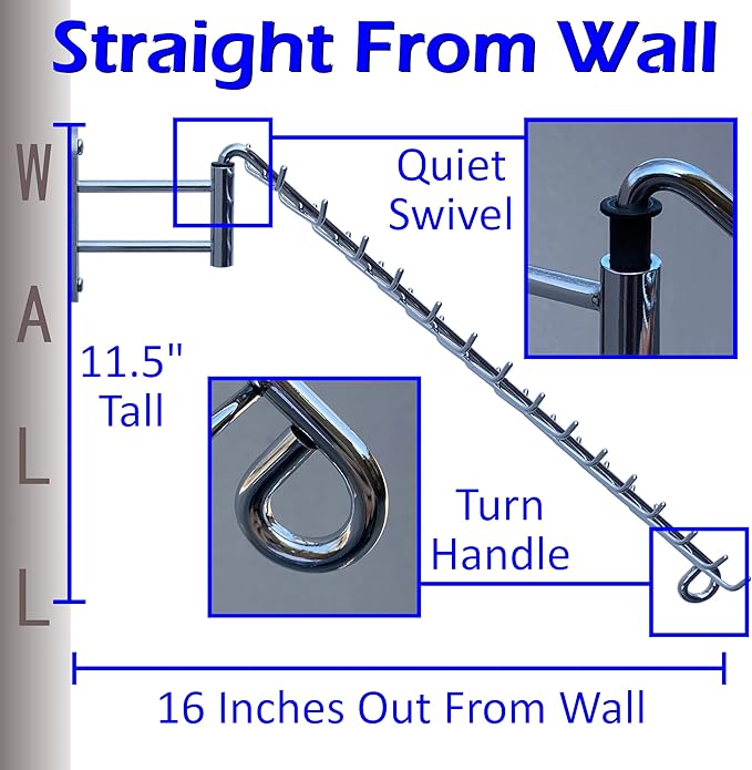 Swivel Tie Rack by WEEBAK, 30 Oversized Hooks, Men's or Women's Ties, Belts, and Scarfs Closet Accessory Organizer, Wall Mounted with provided Chrome Screws, Durable Metal, Chrome
