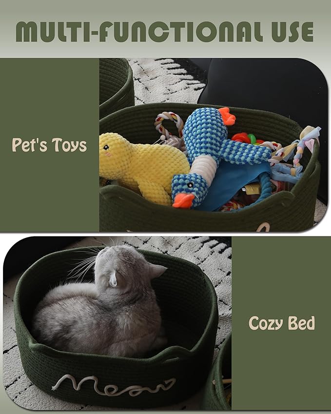 Sea Team Cat Toy Basket with Handles, 16.5 x 11 x 7 Inches, 4.4 Gallons Large Cotton Rope Storage Bin, Box, Shelf Organizer for Pet Chew Toys, Foods, Green Meow