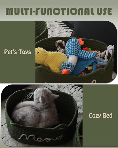 Sea Team Cat Toy Basket with Handles, 16.5 x 11 x 7 Inches, 4.4 Gallons Large Cotton Rope Storage Bin, Box, Shelf Organizer for Pet Chew Toys, Foods, Green Meow