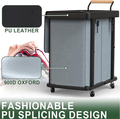 190L (50 Gal) Extra Large Fashion Laundry Hamper 2 Section with Lid, Rolling Laundry Basket Hamper with Handle, Laundry Organizer Storage Cart with Sturdy Metal Frame for Laundry Room,Hotel,Gray
