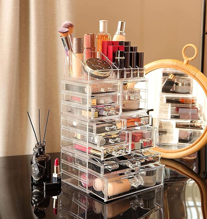 Cq acrylic Makeup Organizer Skin Care Large Clear Cosmetic Display Cases Stackable Storage Box With 11 Drawers For Vanity,Set of 4