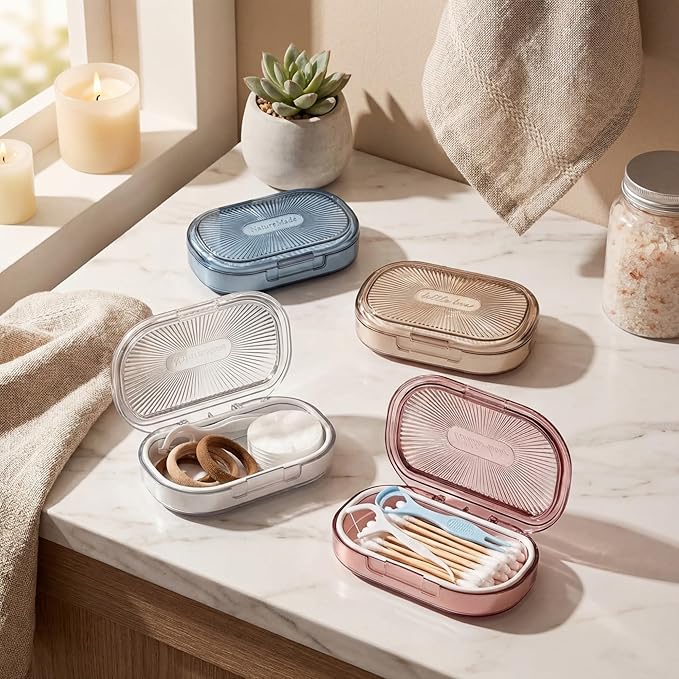 Kigley 4 Pcs Hair Tie Container Small Portable Travel Cotton Swab Holder Dispenser with Lid Plastic Box Storage Containers for Small Items, 3.94 x 2.76 Inch (4 Colors)