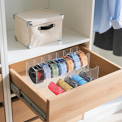 Acrylic Belt Organizer Box with 7 Compartments, Wall-Mount or Desktop Belt Storage for Men & Women, Holds Large Buckle Belts, Transparent Belt Holder for Closet Drawer Dresser (5 Compartments)