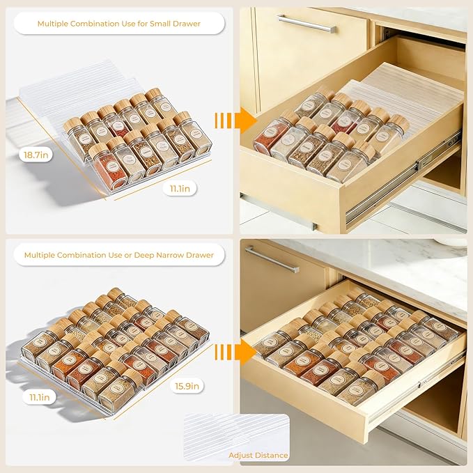 UFORU Acrylic Spice Drawer Organizer 4 Tier(8 Packs),Expandable from 11" to 22" Seasoning Organizer Tray for Kitchen - Clear Tiered Spice Rack for Drawer, No Assembly Required(Jars Not Included)