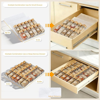 UFORU Acrylic Spice Drawer Organizer 4 Tier(8 Packs),Expandable from 11" to 22" Seasoning Organizer Tray for Kitchen - Clear Tiered Spice Rack for Drawer, No Assembly Required(Jars Not Included)