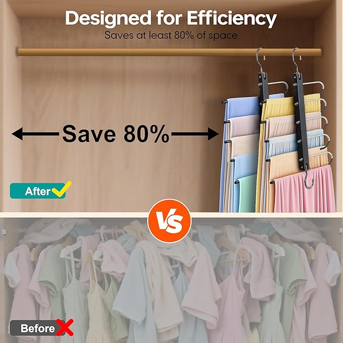 Whitmor Space Saving Pant Hangers, Foldable 5 Tier Closet Organizer with 360° Swivel Hook & Telescopic Rod, Vertical/Horizontal Hanging for Jeans, Scarves, Dorm, Travel, 2-Pack, Black
