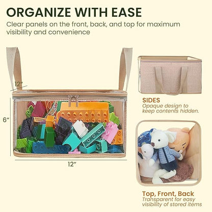 holay 2 Pack Foldable PVC Storage Bins with Transparent Lid & Handles, 12 x 12 x 6 Inch Organizer Boxes for Clothes, Toys & Books (Brown, Medium)