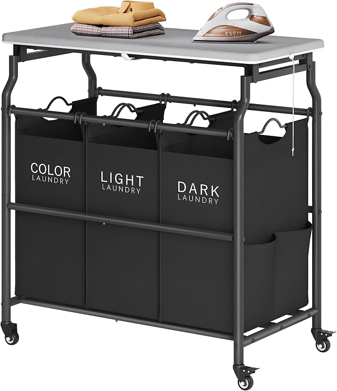 Hoctieon 3 Section Laundry Sorter Cart with Ironing Board, Laundry Hamper with Shelf and Rolling Wheels, Heavy Duty Laundry Basket Organizer, Large Clothes Separator Hamper with Removable Bags, Black