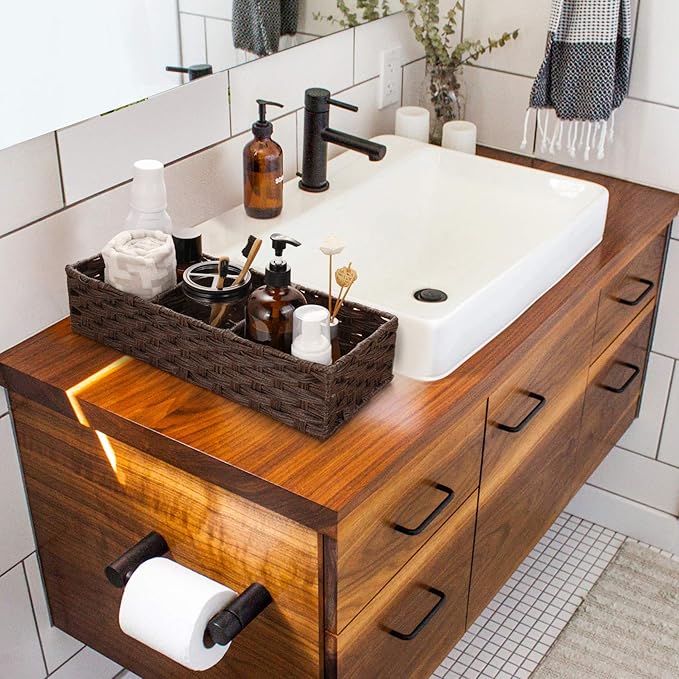 [Larger Compartments] Toilet Tank Topper Paper Basket - Multiuse Hand Woven Plastic Wicker Basket with Divider for Organizing, Rustic Farmhouse Bathroom Decor, Countertop Organizer Storage, Brown