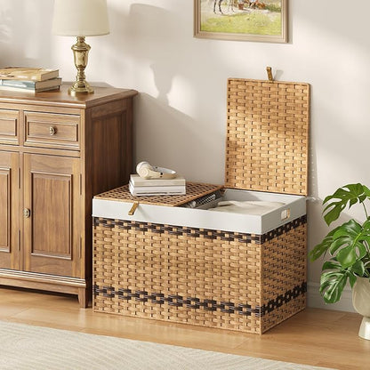 HOOBRO Storage Basket with Lid, 42.3 Gallon (160L) Wicker Storage Basket with 2 Separate Lid, Blanket Storage Bin with 2 Removable Liner Bags, for Bedroom, Laundry, Natural and Brown NL276CW01