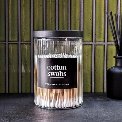 Mason & Fable Ribbed Glass Bathroom Jars with Black Bamboo Lids | Cotton Pad / Swab / Q tip | Bath Salt / Clear Vanity Apothecary Storage Canister Organizer-10fl.oz, Set of 4