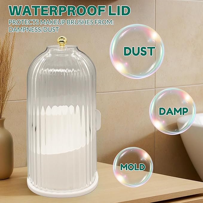 Makeup Brush Holder with Lid Cosmetic Tools Organizer 360 Rotating Waterproof Dustproof Make Up Brushes Storage for Vanity Bathroom Countertop