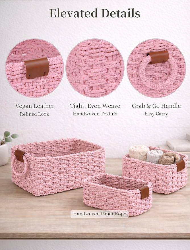 Storage Basket, Recycled Paper Rope Bathroom Basket Organizer, 3Pcs Small Baskets for Organizing, Mini wicker Basket for Decorative Storage Bins, Shelves, Bathroom, Cabinet - Pink