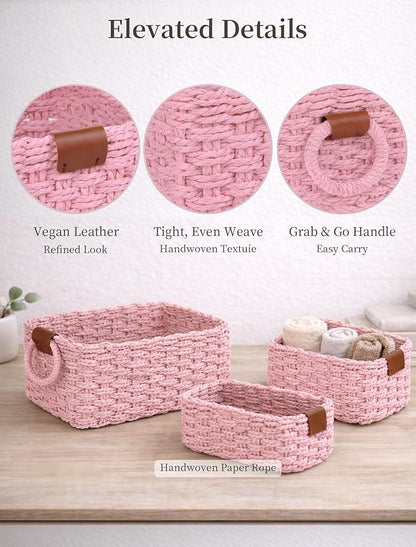 Storage Basket, Recycled Paper Rope Bathroom Basket Organizer, 3Pcs Small Baskets for Organizing, Mini wicker Basket for Decorative Storage Bins, Shelves, Bathroom, Cabinet - Pink