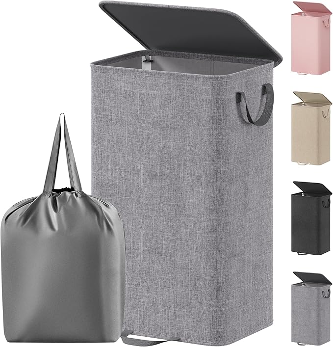 Lifewit Single Laundry Hamper with Lid and Removable Laundry Bags, Large Collapsible 1 Dividers Dirty Clothes Basket with Handles for Bedroom Laundry Room Closet Bathroom College, 100L Gray