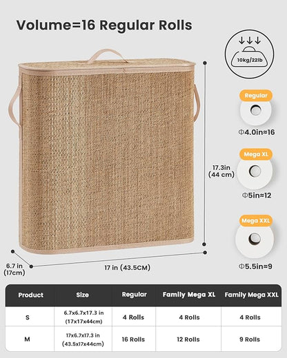 Bamboo Toilet Paper Storage Basket with Lid & Handle - 32L Large Capacity Handwoven Bathroom Organizer for 16 Rolls - Sturdy Stand Holder for Toilet Paper Organization, Carbon Brown