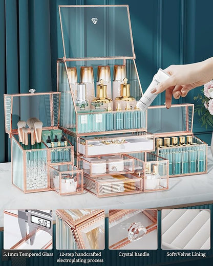 Youdepot Large Makeup Organizer, Glass Cosmetic Storage with Drawers, Stackable Makeup and Jewelry Organizer for Vanity Table, Bathroom Countertop, Skincare, Lipsticks, Perfume, Brushes