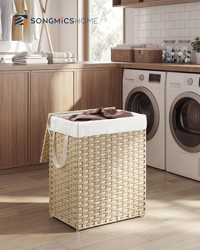 SONGMICS HOME Laundry Hamper with Lid, Clothes Basket with Removable Liner and Handles, 23.8 Gallon, Foldable Narrow Laundry Organizer for Bathroom, Bedroom, Sand
