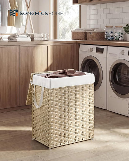 SONGMICS HOME Laundry Hamper with Lid, Clothes Basket with Removable Liner and Handles, 23.8 Gallon, Foldable Narrow Laundry Organizer for Bathroom, Bedroom, Sand