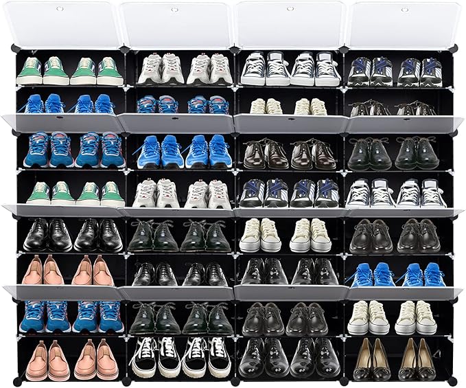 Shoe Rack Organizer, 16 Cube 8 Tier Covered Shoe Storage Cabinet 64 Pairs Freestanding DIY Shoe Shelves Plastic Shoes Rack for Closet Entryway Hallway Bedroom (Black3)