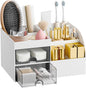 Makeup Organizer with 2 Drawers, Makeup Organizers Countertop for Vanity and Bathroom, Make up organization and Skincare Storage with Brush Holder, for Dresser, Desktop, Cosmetic Display Case (White)